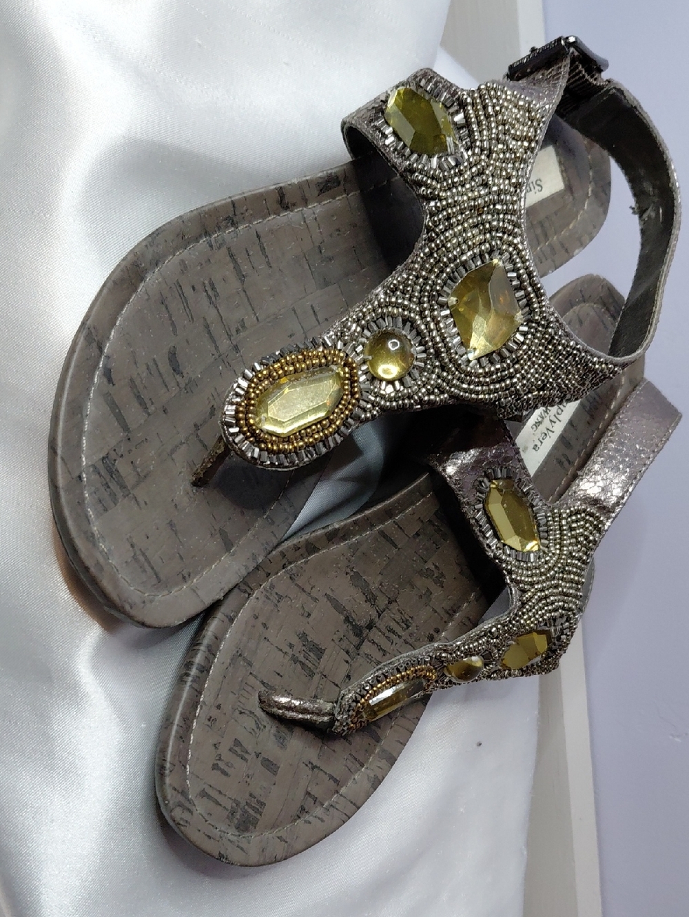 Vera Wang WEDGE Metallic Brown Sandals with Gold Gem Accents